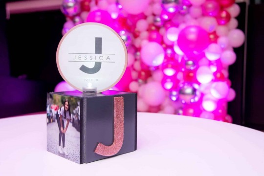 Mini Cube Centerpiece with Custom Logo  & Glittered Initial for Hightop Table