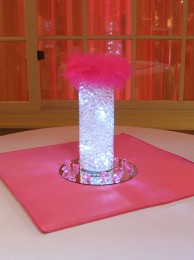 Clear Aqua Gems & LED Lights in Glass Vase with Pink Feather Trim