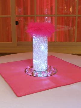 Clear Aqua Gems & LED Lights in Glass Vase with Pink Feather Trim