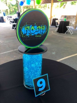 Graffiti Themed Lounge Centerpiece with Custom Logo on Cylinder with Crystal Chips