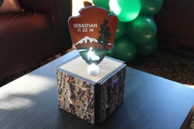 Real Tree Camo Hightop Centerpiece with Custom Logo for Outdoors Themed Bar Mitzvah