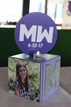 Mini Cube Centerpiece with Glittered Initial, Photos & Logo Topper
