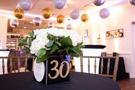 30th Birthday Lounge Centerpiece with Custom Cube & Flowers