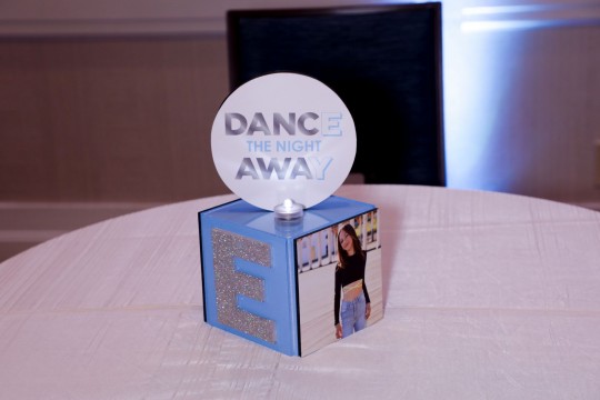 Pale Blue LED Custom Mini Photo Cube with Logo Topper Centerpiece for Bat Mitzvah Lounge Set Up