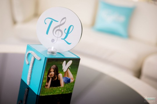 Turquoise Custom Mini Photo Cube with Glitter Initial and LED Logo Topper for Bat Mitzvah Lounge Centerpiece