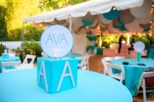 Mini Turquoise Custom Cube with Glitter Initials and LED Logo Topper for Bat Mitzvah Lounge Set Up