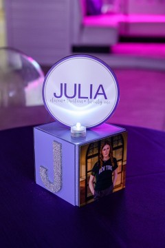 Beautiful Lavender Mini Cube with Photo, Glitter Initial and LED Logo Topper for Bat Mitzvah Lounge Centerpiece