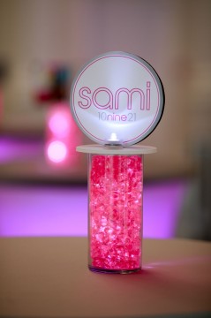 LED Cylinder with Pink Gems and Custom Logo for High Top Centerpiece