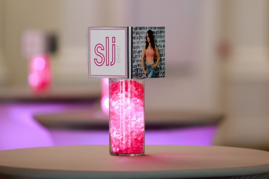 Beautiful Custom Mini Photo Cube Over LED Cylinder Filled with Pink Chips Centerpiece for Bat Mitzvah Lounge Set Up