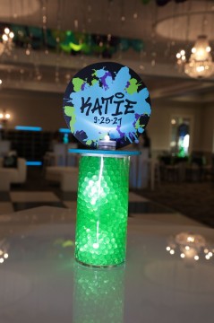 Grafitti Theme LED Centerpiece with Lime Green Aqua Gems and Logo Topper for Bat Mitzvah High Top & Lounge Set Up