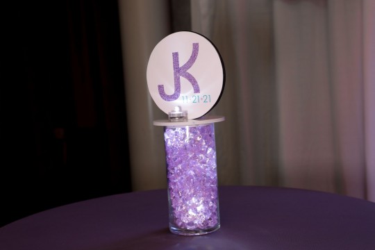 Beautiful Custom LED Lounge Centerpiece with Logo Topper Over Cylinder with Lavender Chips