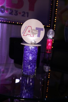 Beautiful Custom LED Lavender Chips with Logo Topper Centerpiece for Bat Mitzvah High Top Tables