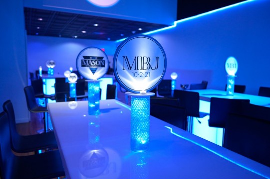 Beautiful LED High Top Centerpiece for Bar Mitzvah with Alternating Logos Topper on a Cylinder Filled with Aqua Gems