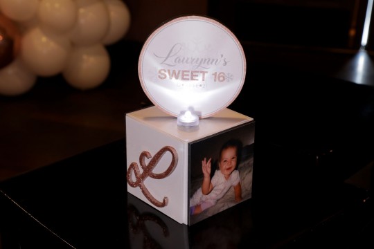 Beautiful Mini Photo Cube with Glitter Initial and LED Logo Topper Centerpiece with LED Clear Chips for Sweet Sixteen Lounge Set Up