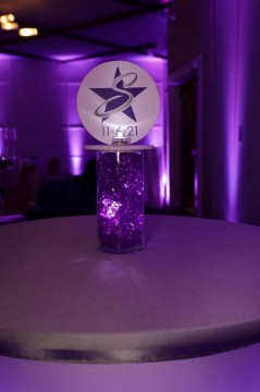 Beautiful Star Themed LED Custom Mini Logo Topper Centerpiece Over Purple Chips for Bat Mitzvah Lounge Set Up
