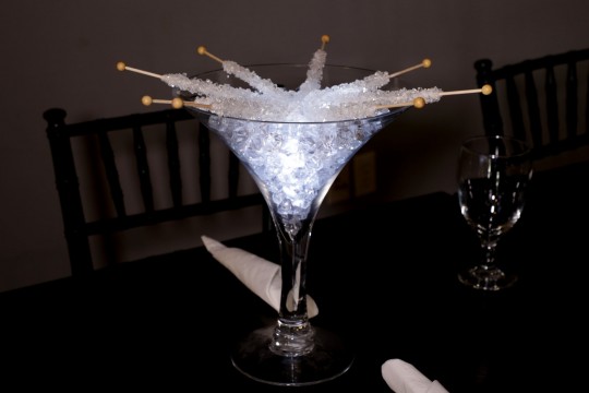 Classic Centerpiece with White Rock Candy Over LED Clear Chips in a Martini Glass for Bat Mitzvah High Top Tables