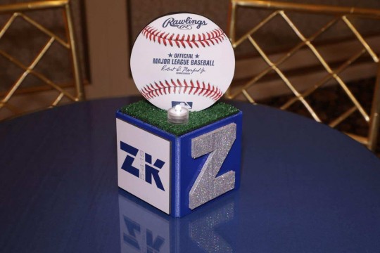 Baseball Mini Cub Centerpiece with Glittered Initial for ESPN Themed Bar Mitzvah
