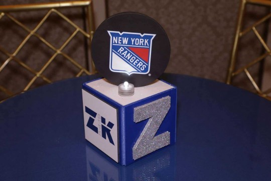 Hockey Mini Cub Centerpiece with Glittered Initial for ESPN Themed Bar Mitzvah