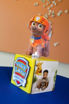 Cute Paw Patrol Themed Mini Photo Cube with Logo and Character Centerpiece for First Birthday Lounge Set Up