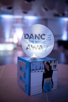Beautiful Pale Blue LED Custom Mini Photo Cube with Logo Topper Centerpiece for Bat Mitzvah Lounge Set Up
