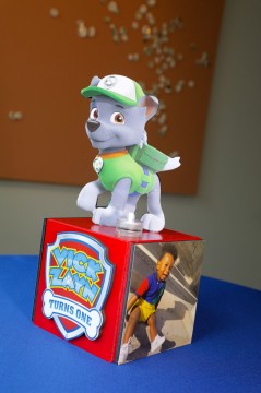 Creative Paw Patrol Themed LED Mini Cube Centerpiece with Logo, Picture and Character Cut Out for First Birthday Decor