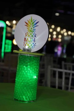 Rainbow Themed Bat Mitzvah Lounge Centerpiece with LED Vase & Logo Topper
