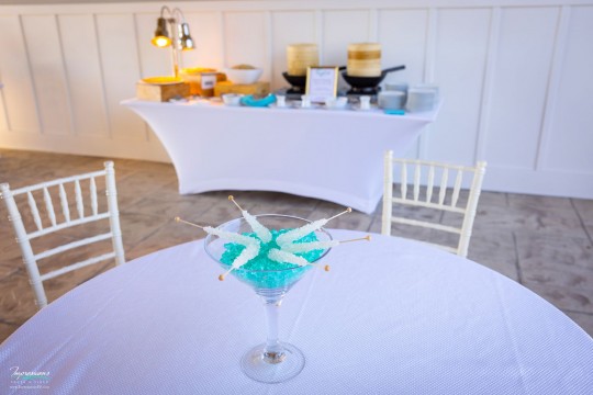 LED Custom Lounge Centerpiece with Turquoise Chips and Clear Rock Candy for Tent Bat Mitzvah Decor