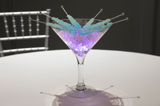 Custom Colored Rock Candy on a Martini Glass Filled with LED Chips for Lounge Centerpiece