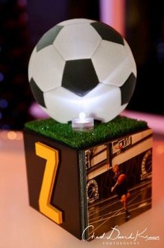 Beautiful Soccer Themed LED Mini Cube with Glitter Initial, Photo and Soccer Ball Over Turf Topper for Bar Mitzvah Lounge Set Up