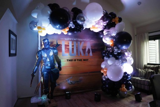 Mandalorian Theme Life Size Photo Op Cutout with Organic Balloon Half Arch and Custom Vinyl Backdrop for Party Decor