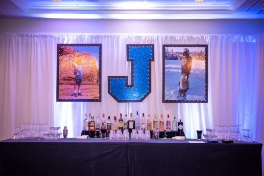 Custom Glittered Initial & Blowup Photos with Lights Behind Bar at Preakness Hills Country Club