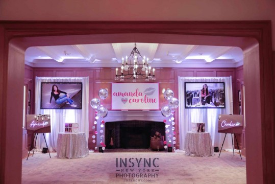 Blowup Photos with Twinkle Lights on LED Drape behind Gift Box & Sign in Board at Quaker Ridge Country Club