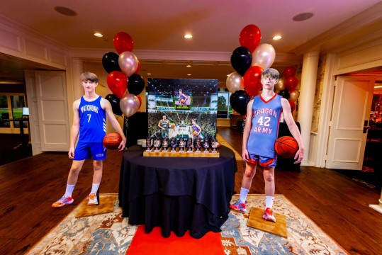 Basketball Themed Life Size Cutouts of Bar Mitzvah Boy near Entrance Table at Plainfield Country Club
