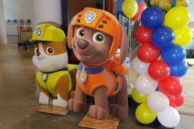 Paw Patrol Characters in Life-Size Cutout Near Balloon Column for First Birthday Decor