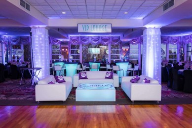 Hollywood Themed Bat Mitzvah Lounge with VIP Sign, Custom Loog Pillows & LED Hightops at Eagles Nest, NY