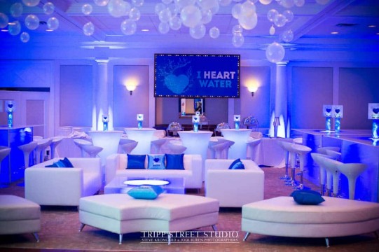 Underwater Bat Mitzvah Lounge with Blue LED Tables, Centerpieces & Custom Pillows