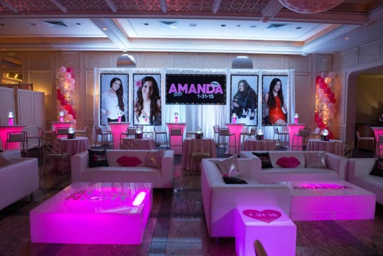 Bat Mitzvah Lounge with LED Furniture, Logo Decals, Custom Pillows & LED Curtain Display with Logo Backdrop & Blowup Photos