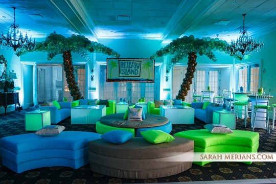 Tropical Island Themed Lounge with Custom Backdrop & Palm Tree Balloon Sculptures