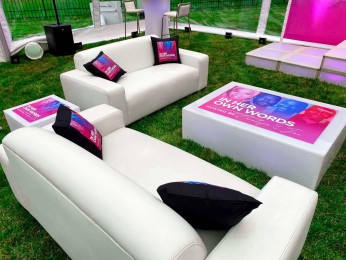 Outdoor Tent Lounge with Custom Graphics & Pillows for 40th Birthday