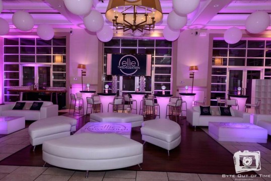 Club Themed Bat Mitzvah Lounge with LED Furniture, Custom Pillows, Logo Decals & Backdrop at the Stone House at Stirling Ridge