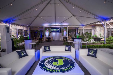 Beautiful Tent Party Setup with Custom Lounge Furniture, Custom Pillows and Mini LED Cocktail Centerpiece