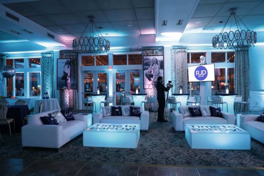 Turquoise & Navy Bat Mitzvah Lounge with LED Furniture, Custom Pillows & Blowup Photos at Willow Ridge Country Club