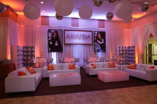 Club Themed Bat Mitzvah Lounge with LED Furniture & Logo Decals at Temple Bet Torah, Mt. Kisco