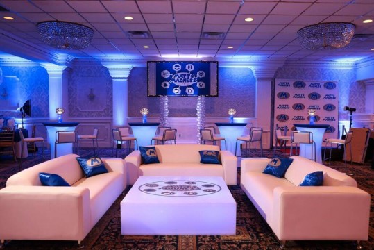 Custom Bar Mitzvah Lounge with LED Furniture, Logo Decals and Custom Sign at Villa Barone Hilltop Manor