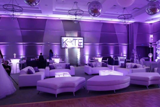 Bat Mitzvah Lounge Setup with Custom Logo Tables, Pillows & Glittered Name Backdrop at Kol Ami, White Plains