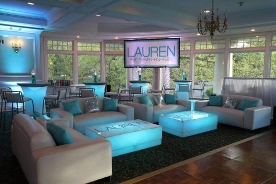 Custom Bat Mitzvah Lounge with LED Tables & Logo Decals at Scarsdale Golf Club