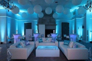 Club Themed Lounge with LED Furniture & Custom Logo Decals at Temple Shaaray Tefila