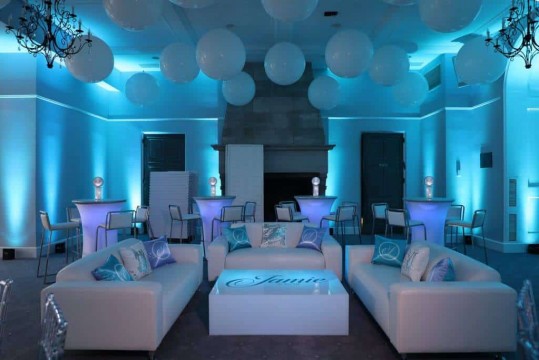 Club Themed Lounge with LED Furniture & Custom Logo Decals at Temple Shaaray Tefila