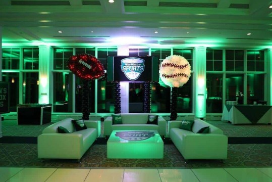 Sports Themed Lounge Setup with LED Furniture & Pillows at Beach Point Club, NY