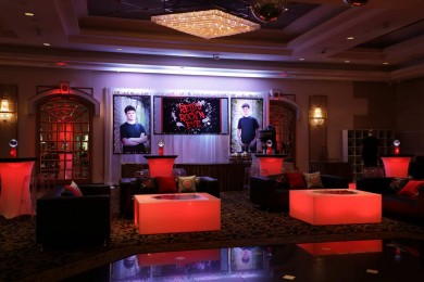 Amazing Bar Mitzvah with Custom LED Lounge Setup with Red Lighting and Custom Backdrop with Blow Up Pictures
